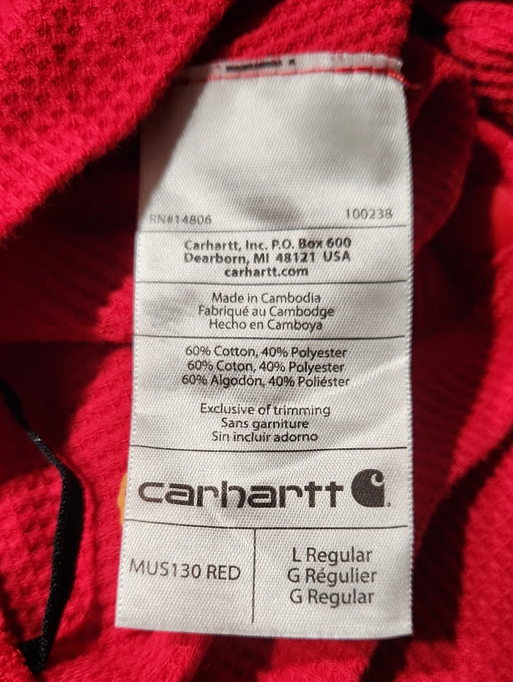 Carhartt Base Layer Red Thermal Union Suit Long John's Size Large